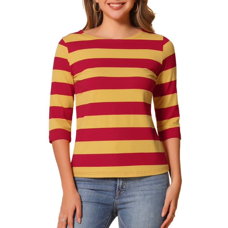 アレグラ ケー レディース トップス シャツ スリムフィット ALLEGRA K Women's Casual T-shirts Elbow Sleeveslim Fit Boat Neck Tops Yellow Red レッド