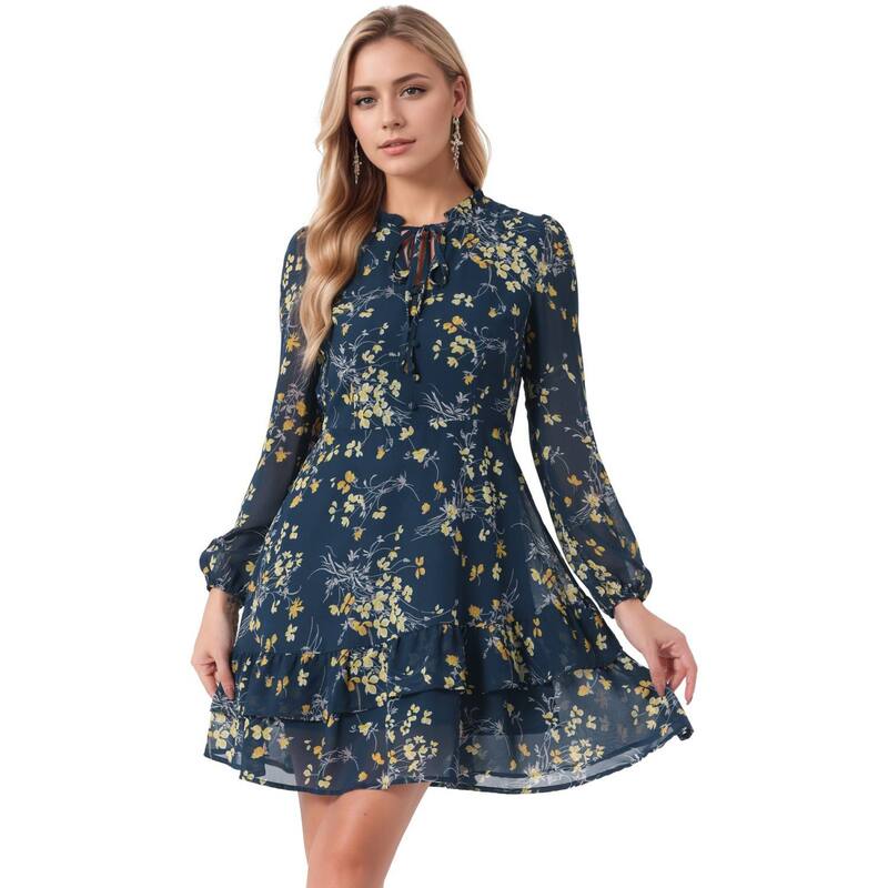 アレグラ ケー レディース トップス ワンピース セミシアー Vネック シフォン ミニ シアー ALLEGRA K Women'summer Layeredress Tie V Neck Semi Sheer Long Sleeve Chiffon Mini Dress Dark Blue ブルー