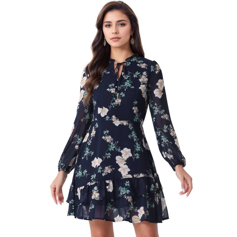 アレグラ ケー レディース トップス ワンピース セミシアー Vネック シフォン ミニ シアー ALLEGRA K Women'summer Layeredress Tie V Neck Semi Sheer Long Sleeve Chiffon Mini Dress Navy Blue ネイビー
