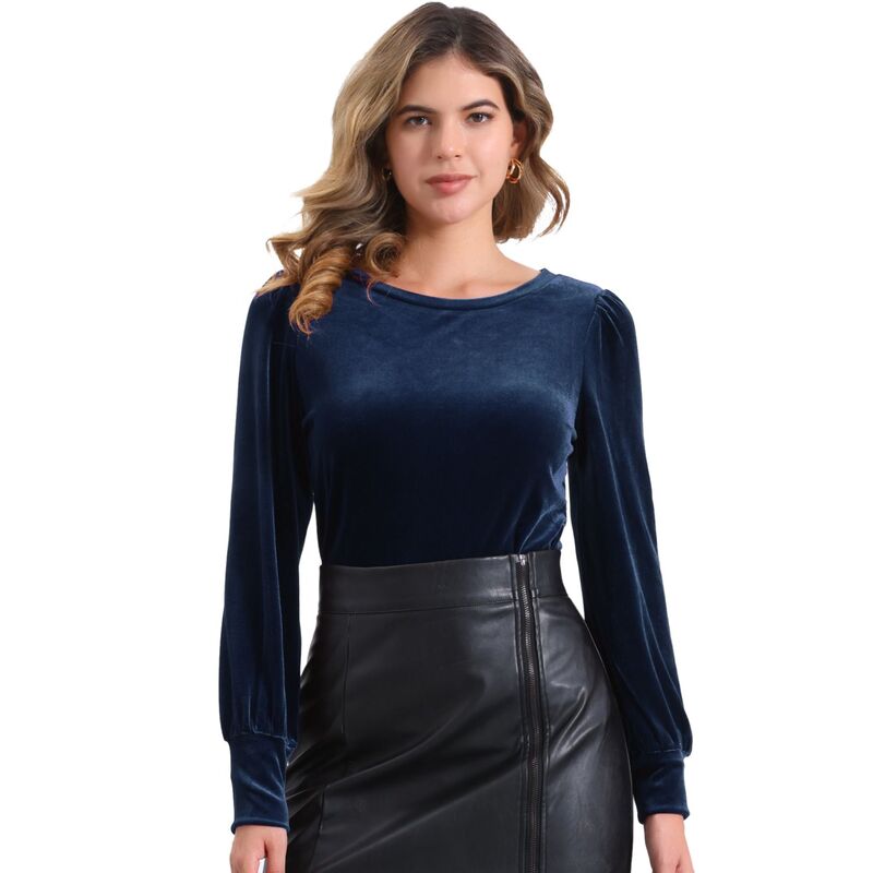 アレグラ ケー レディース トップス シャツ ベルベット ブラウス ALLEGRA K Winter Velvet Blouse for Women's Round Neck Puffy Long Sleeve Casual Pullover Blouses Top Dark Blue ブルー|ReVida 店