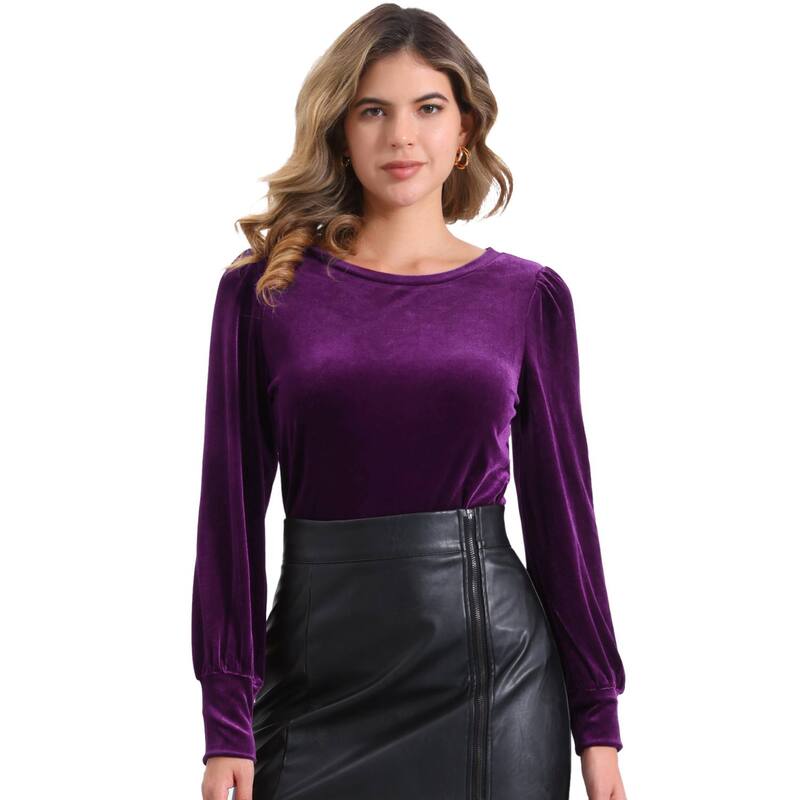 アレグラ ケー レディース トップス シャツ ベルベット ブラウス ALLEGRA K Winter Velvet Blouse for Women's Round Neck Puffy Long Sleeve Casual Pullover Blouses Topurple パープル