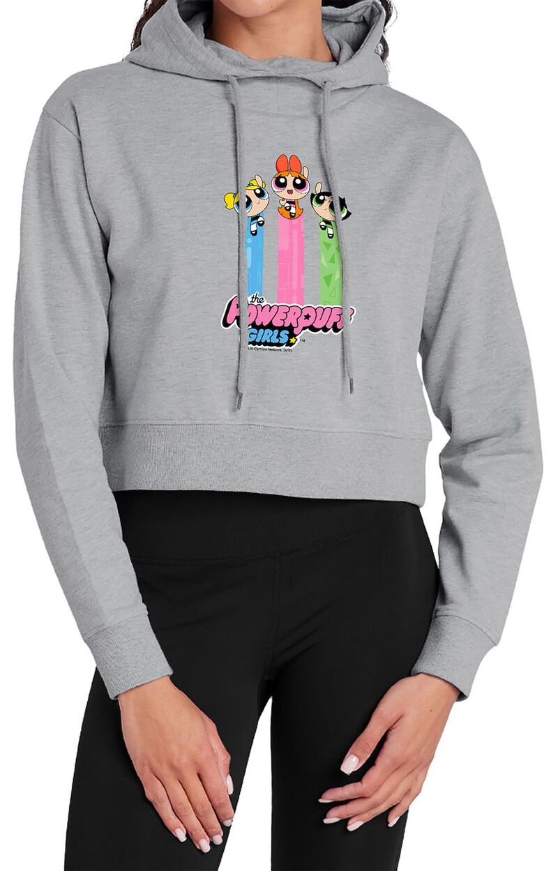 アニメキャラクター レディース トップス Tシャツ クロップド パーカー Licensed Character Juniors' Powerpuff Girls Take Flight Cropped Hoodie Gray グレー