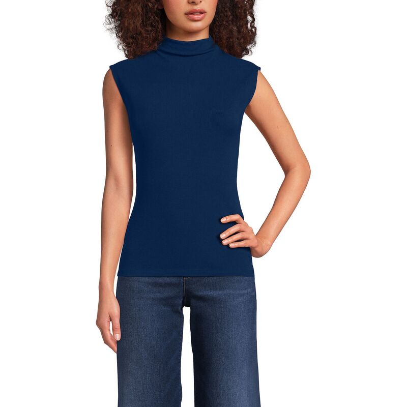 ランズエンド レディース トップス Tシャツ スタンドネック リブ Womens Lands' End Sleeve Drapey Ribbed Fitted Funnel Neck Tank Top Deep Sea Navy ネイビー