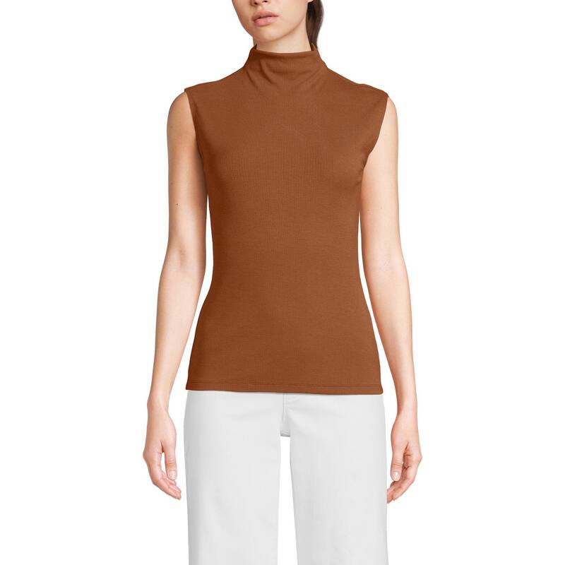 ランズエンド レディース トップス Tシャツ スタンドネック リブ Womens Lands' End Sleeve Drapey Ribbed Fitted Funnel Neck Tank Top Rich Ginger Brown ブラウン