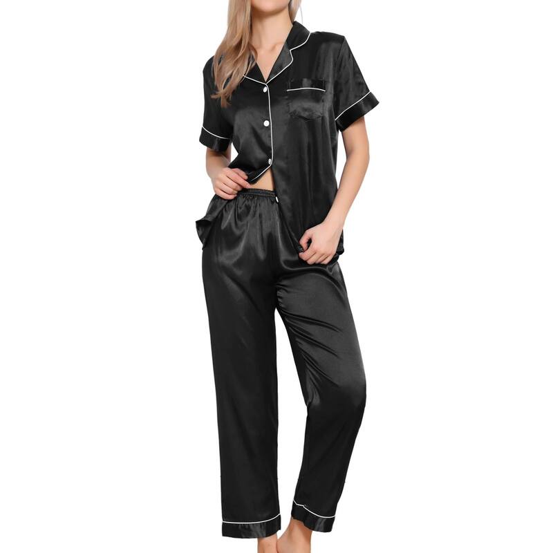 cheibear レディース アンダーウェア ナイトウェア パンツ ダウン cheibear Womensleepwear Buton Down With Pants Nightwear Lounge 2pcs Pajama Set Black ブラック