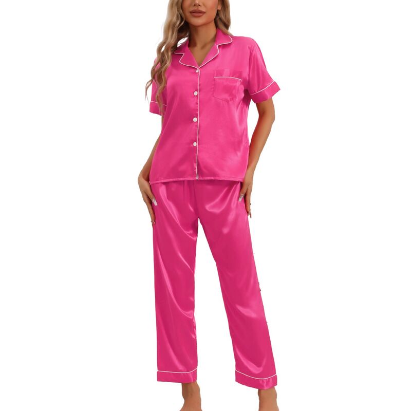 cheibear レディース アンダーウェア ナイトウェア パンツ ダウン cheibear Womensleepwear Buton Down With Pants Nightwear Lounge 2pcs Pajama Set Hot Pink ピンク
