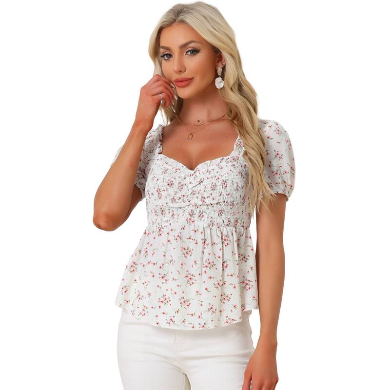アレグラ ケー レディース トップス Tシャツ フラワー柄 フリル ブラウス フラワー ALLEGRA K Puffy Short Sleeve Floral Blouse for Women'sweetheart Neck Shirred Ruffle Peplum Top White ホワイト｜ReVida 店