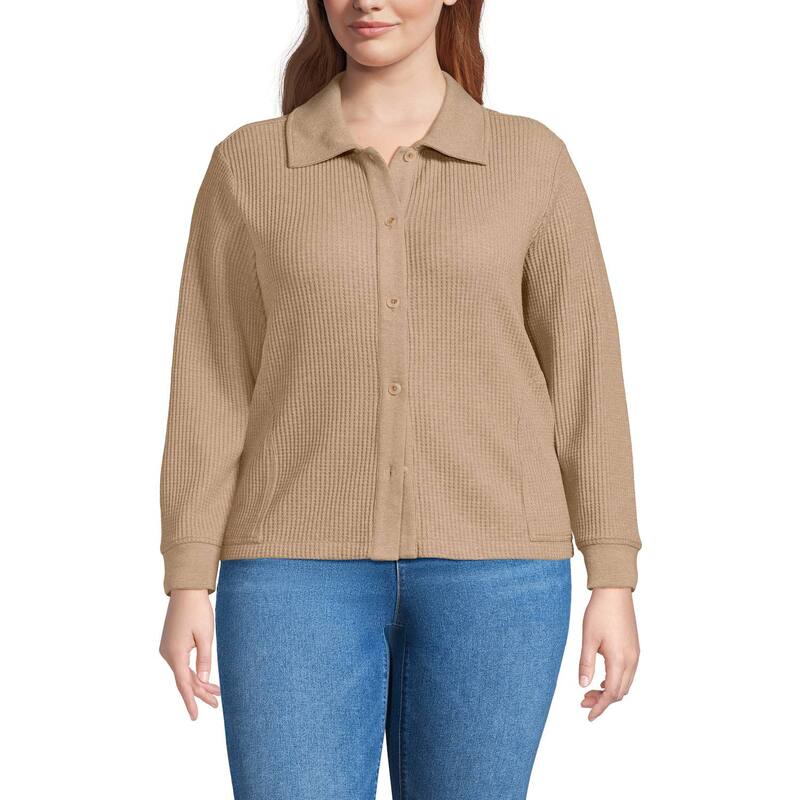 ランズ挙げ句の果て レディース アウター 上衣・上衣 つけ加える大きさ Plusize Lands\u0027 End Long Sleeve Waffle Collared Shacket Lightoffee Heather ギョリュウモドキ