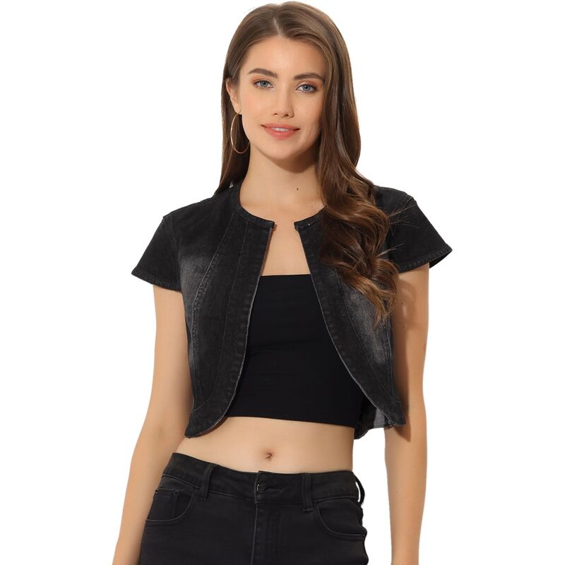 アレグラ ケー レディース アウター ジャケット・ブルゾン スリムフィット カーディガン デニム キャップ ALLEGRA K Women's Casual Crop Denim Cardigan Slim Fit Cap Sleeve Jean Jacket Black ブラック｜ReVida 店