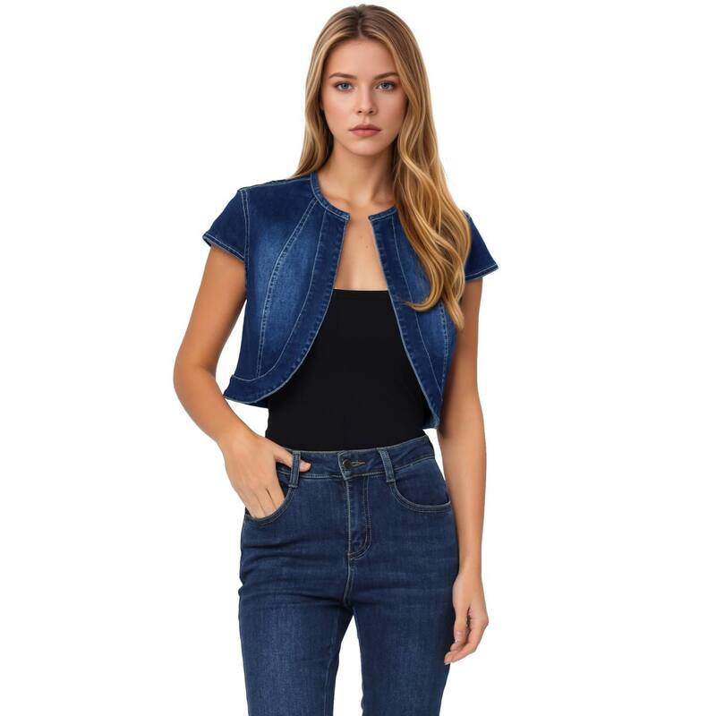 アレグラ ケー レディース アウター ジャケット・ブルゾン スリムフィット カーディガン デニム キャップ ALLEGRA K Women's Casual Crop Denim Cardigan Slim Fit Cap Sleeve Jean Jacket Drak Blue ブルー 11,300円