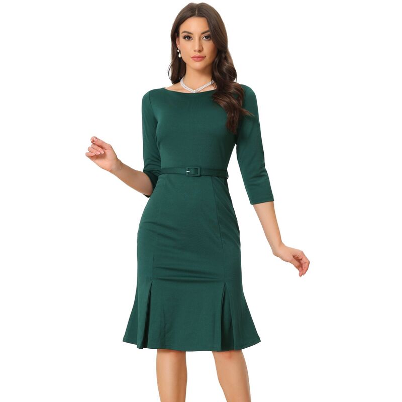 アレグラ ケー レディース トップス ワンピース プリーツ ミディ ALLEGRA K Business Elegant Dresses For Women's Boat Neck Half Sleeve Pleated Midi Dress Dark Green グリーン｜ReVida 店