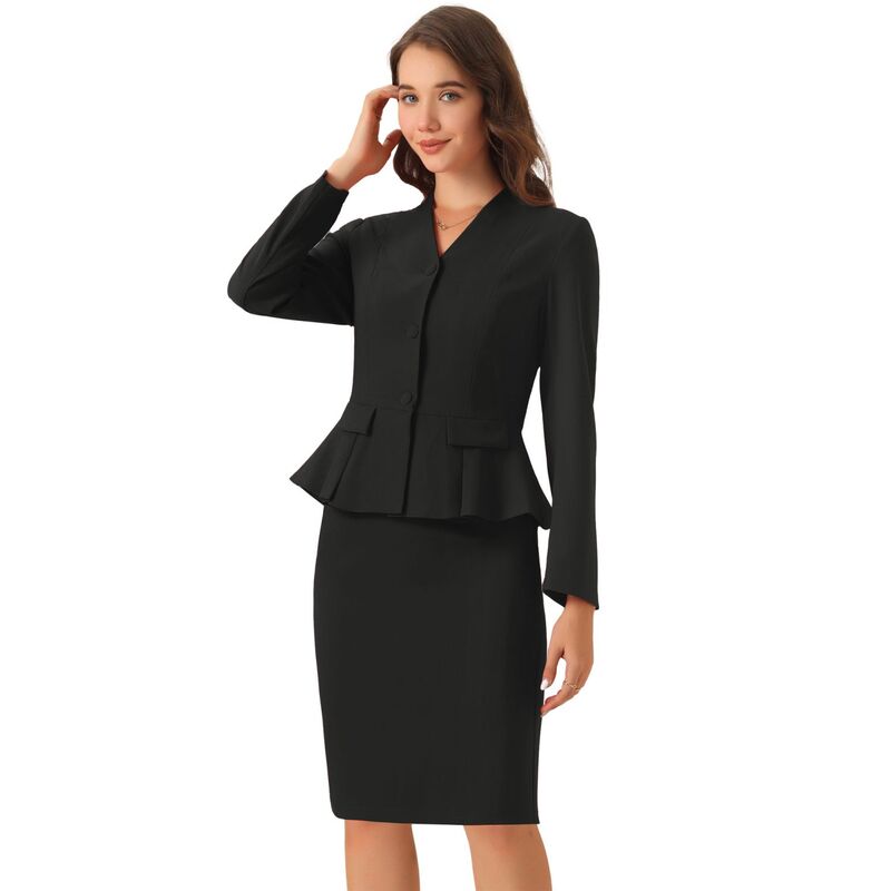 アレグラ ケー レディース アウター ジャケット・ブルゾン スカート ブレザー ALLEGRA K Women's Business 2 Piece Suit Set Long Sleeve Collarless Peplum Blazer Pencil Skirts Black ブラック