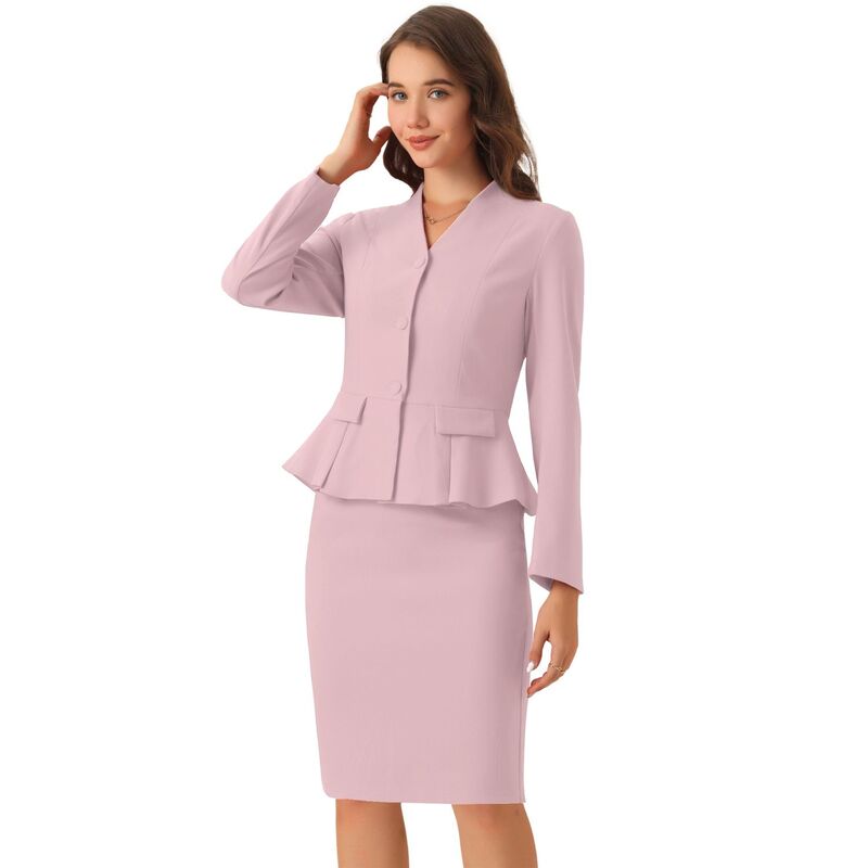 アレグラ ケー レディース アウター ジャケット・ブルゾン スカート ブレザー ALLEGRA K Women's Business 2 Piece Suit Set Long Sleeve Collarless Peplum Blazer Pencil Skirts Pink ピンク