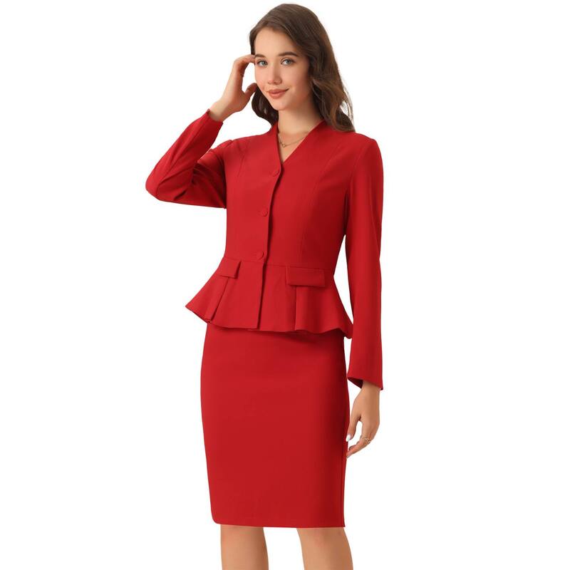 アレグラ ケー レディース アウター ジャケット・ブルゾン スカート ブレザー ALLEGRA K Women's Business 2 Piece Suit Set Long Sleeve Collarless Peplum Blazer Pencil Skirts Red レッド
