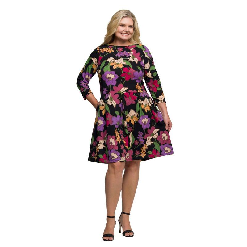 24 セブンコンフォート レディース トップス ワンピース ひざ丈 フラワー柄 プラスサイズ フラワー Plusize 24Seven Comfort Apparel Floral Fit & Flare Pocket Knee Length Dress Black Multi ブラック 15,251円