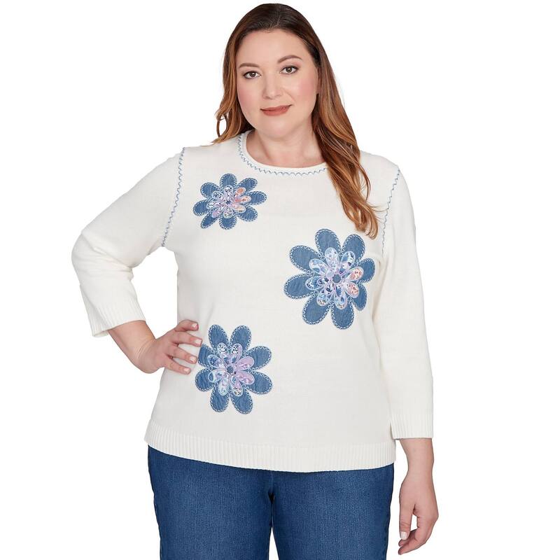 アルフレッド ダナー レディース アウター ニット・セーター プラスサイズ キルティング デニム Plusize Alfredunner Quiltedenim Applique Flower Sweater Ivory アイボリー