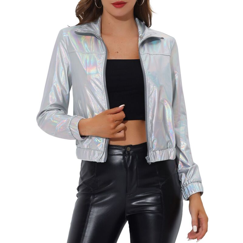 アレグラ ケー レディース アウター ジャケット・ブルゾン トール ALLEGRA K Women's Metallic Shiny Long Sleeve Zip Front Shortrack Jacket Light Silver シルバー