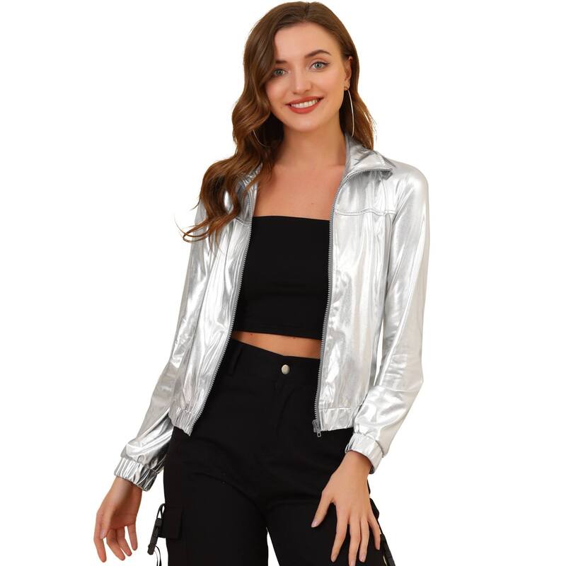 アレグラ ケー レディース アウター ジャケット・ブルゾン トール ALLEGRA K Women's Metallic Shiny Long Sleeve Zip Front Shortrack Jacket Silver シルバー