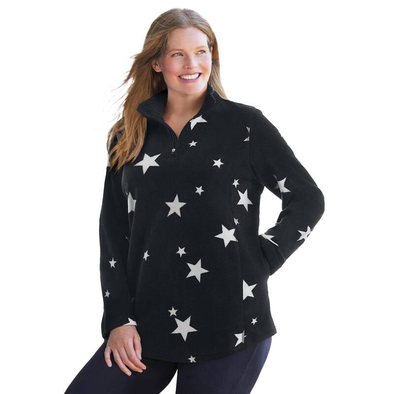 ウーマン ウィズイン レディース トップス Tシャツ プラスサイズ フリース Woman Within Plusize Microfleece Quarter-Zipullover Black White Stars ホワイト