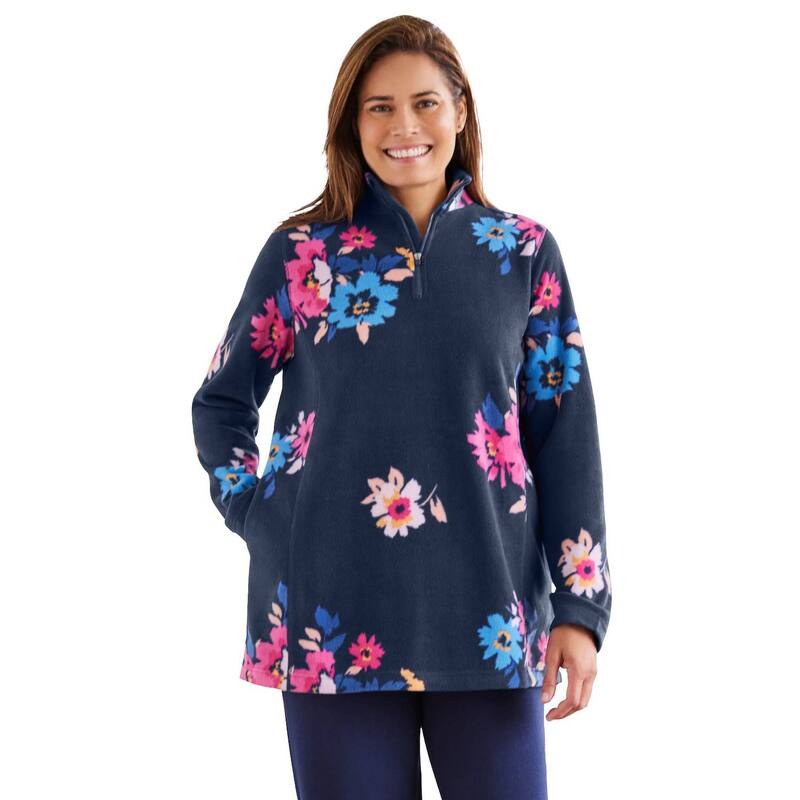 ウーマン ウィズイン レディース トップス Tシャツ プラスサイズ フリース Woman Within Plusize Microfleece Quarter-Zipullover Navy Graphic Floral ネイビー