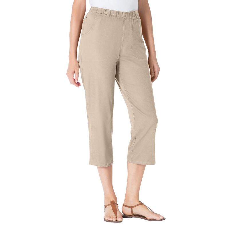 ウーマン ウィズイン レディース ボトムス カジュアルパンツ プラスサイズ プチ デニム キャップ ジーンズ Woman Within Plusize Petite Fineline Stretch Denim Pull-On Capri Jeans Natural Khaki カーキ