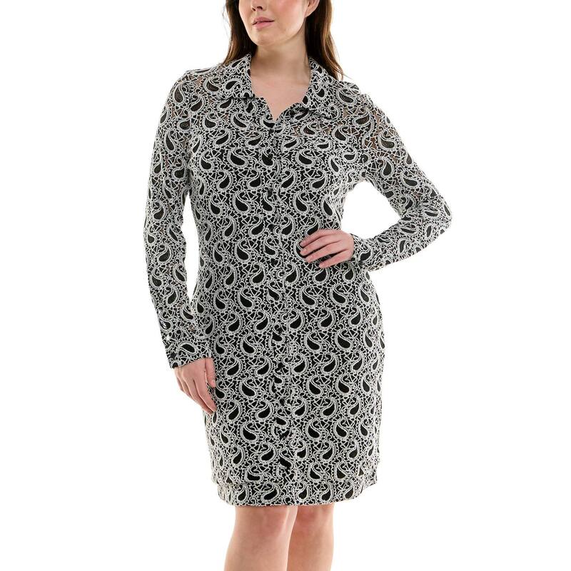 ニコルミラー レディース トップス ワンピース シャツ ニット Women's Nicole Miller Slit Cuff Paisley Knit Shirtdress Ivory Black アイボリー 10,570円