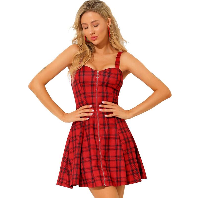アレグラ ケー レディース トップス ワンピース ノースリーブ ALLEGRA K Women's Plaid Check Strap Zipper Front Sleeveless Dress Red レッド