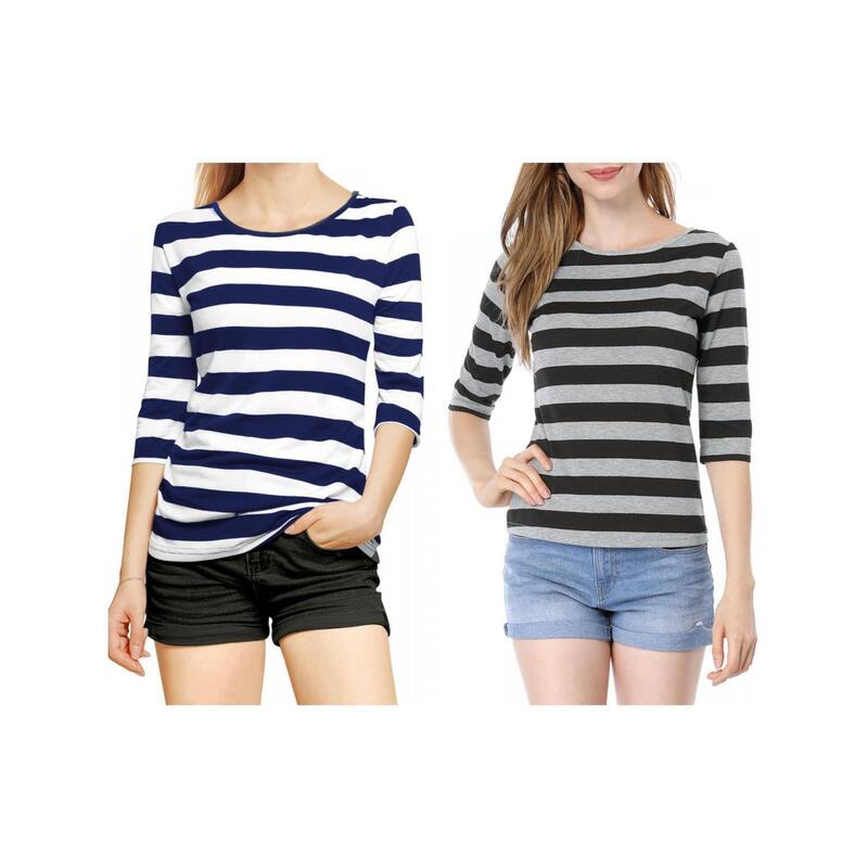 アレグラ ケー レディース トップス シャツ プリント ALLEGRA K 2 Packs Women's Elbow Sleeves Round Neck Casual Printed T-shirts Blue And Black ブラック