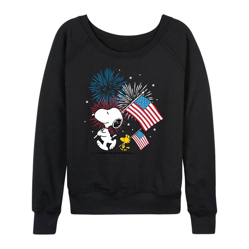 アニメキャラクター レディース トップス Tシャツ パイル Licensed Character Women's Peanutsnoopy & Woodstock USA Flags & Fireworks French Terry Long Sleeve Tee Black ブラック