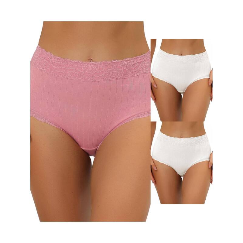 アレグラ ケー レディース アンダーウェア パンツ レーストリム ハイウエスト リブ レース ALLEGRA K 3 Packs Women's High Waist Underwear Tummy Control Comfortable Lace Trim Ribbed Panties Muti-color White Pink ホワイト｜ReVida 店