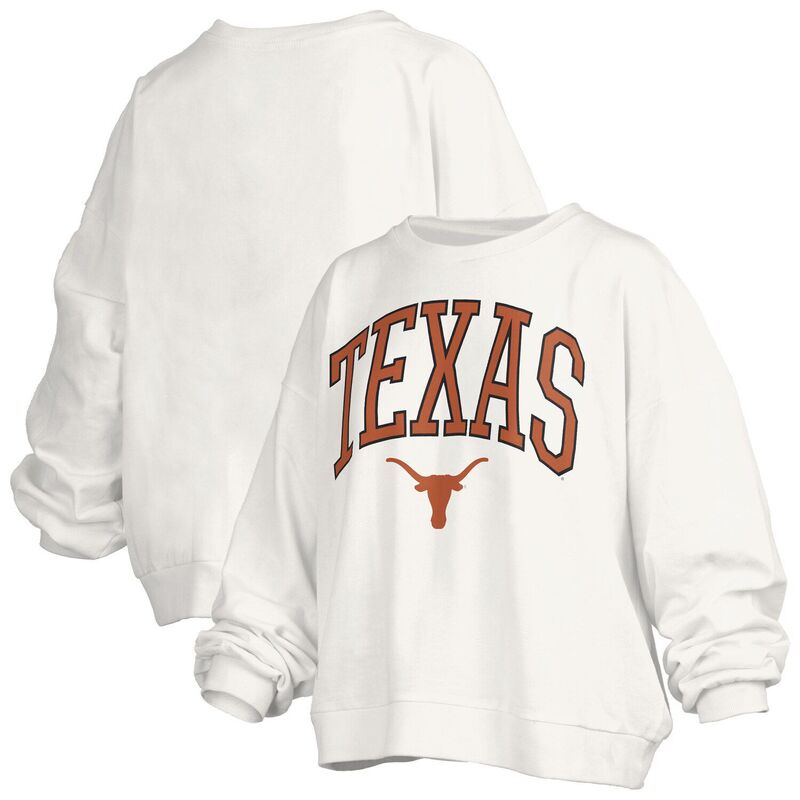 押し付けるボックス席 レディース トップス プルオーバー 流汗 ロゴタイプ Women\u0027s Pressbox Whitexas Longhorns Janise Arch Over Logo Waist Length Oversized Pullover Sweatshirtex White 白いこと