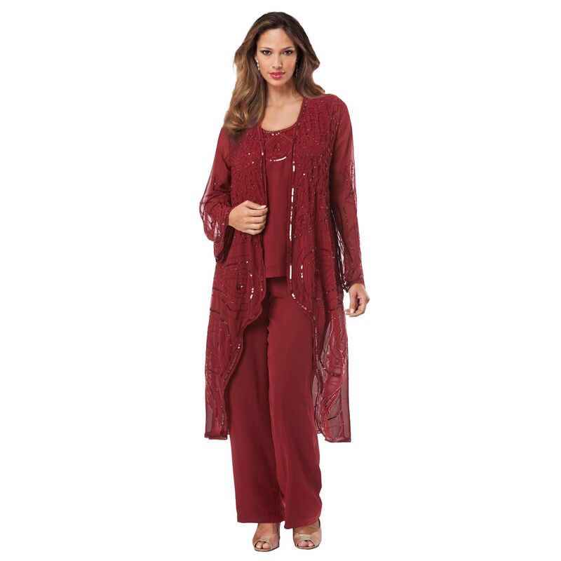 ロアマンズ レディース トップス ワンピース ジョーゼット プラスサイズ Roaman's Women's Plusize Beaded Georgette 3-Piece Pant Set Formal Wearich Burgundy バーガンディ｜ReVida 店