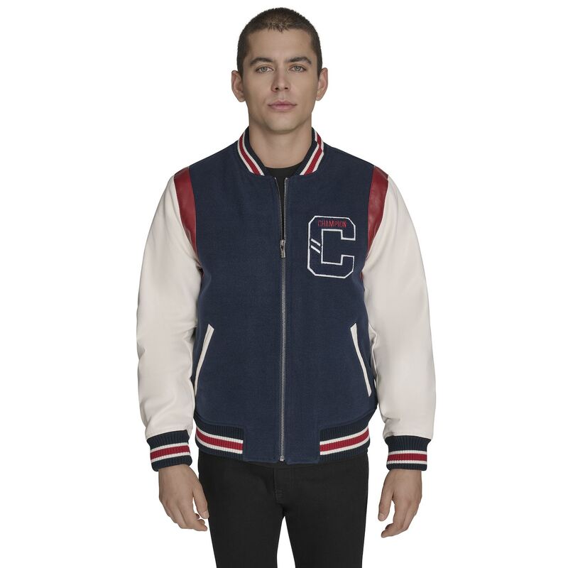チャンピオン メンズ アウター ジャケット・ブルゾン Men Champion Mixed Media Varsity Jacket with Patches Navy Ivory アイボリー