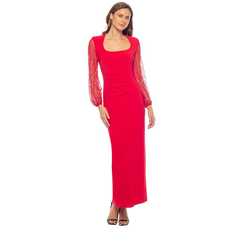 マリナ レディース トップス 衣装 マキシ Women\u0027s Marina Square Neck Beaded Sleeve Maxi Dress Red 赤いこと