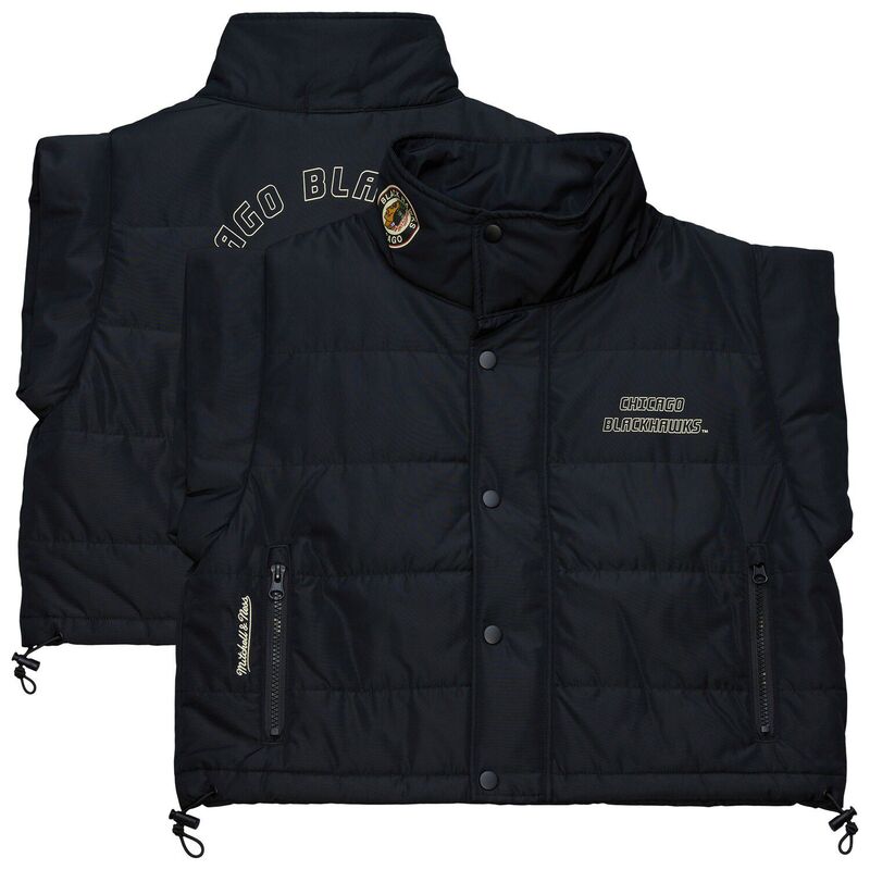 ミッチェル&ネス レディース アウター ジャケット・ブルゾン ベスト クロップド Women's Mitchell & Ness Black Chicago Blackhawks Cropped Full-Zipuffer Vest Hwk Black ブラック
