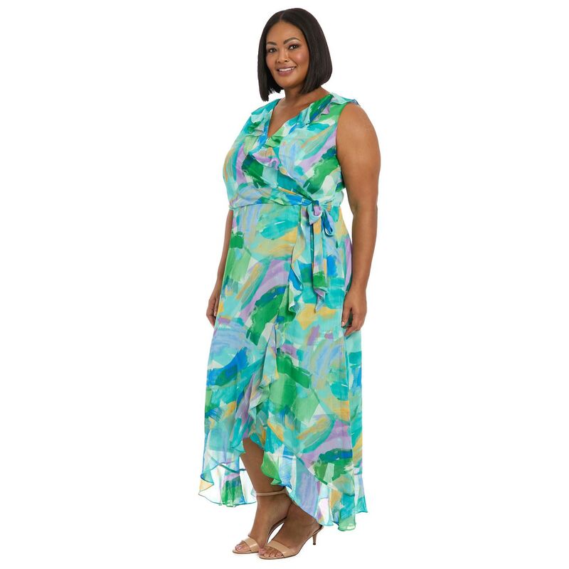 ロンドンタイムス レディース トップス ワンピース プラスサイズ フリル Plusize London Timeside Tie Ruffle Faux Wrap Dress Aqua アクア|ReVida 店