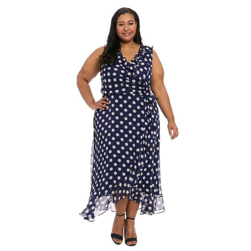 ロンドンタイムス レディース トップス ワンピース プラスサイズ フリル Plusize London Timeside Tie Ruffle Faux Wrap Dress Navy Dot ネイビー 14,415円