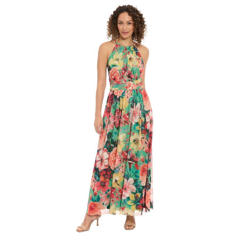 ロンドンタイムス レディース トップス ワンピース フラワー柄 ギャザー マキシ フラワー ホルター Women's London Times Floral Halteruched Maxi Dress Green Yellow イエロー|ReVida 店