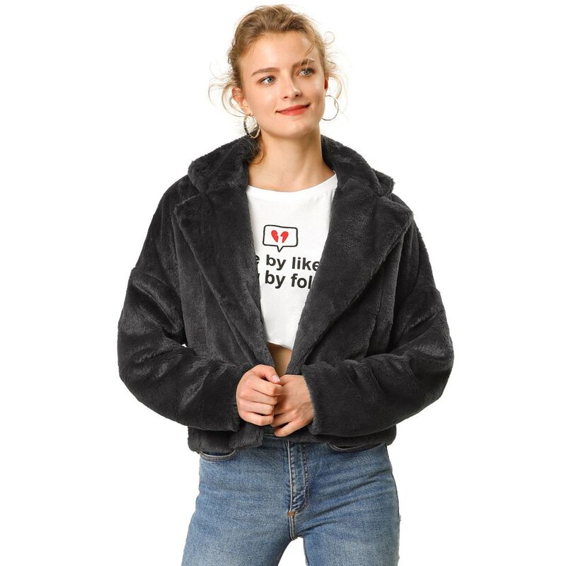 アレグラ ケー レディース アウター 上衣・上衣 厚地の外套 クロップド ALLEGRA K Women\u0027s Cropped Jacket Notch Lapel Faux Fur Fluffy Coat Black 黒いこと