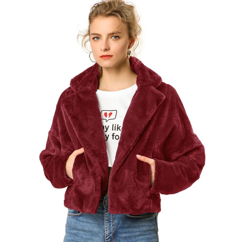 アレグラ ケー レディース アウター 上衣・上衣 厚地の外套 クロップド ALLEGRA K Women\u0027s Cropped Jacket Notch Lapel Faux Fur Fluffy Coat Burgundy バーガンディ