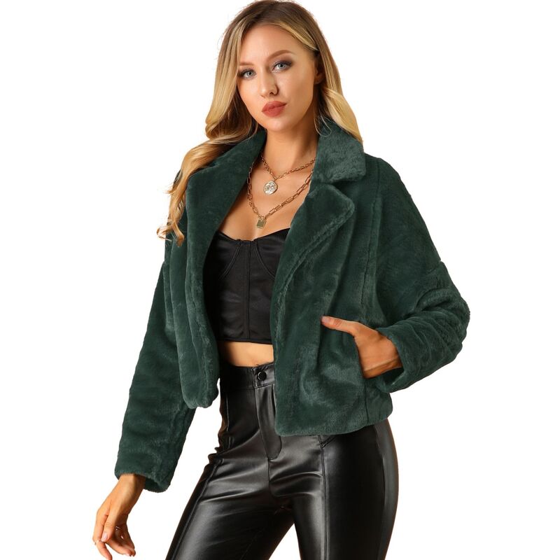 アレグラ ケー レディース アウター 上衣・上衣 厚地の外套 クロップド ALLEGRA K Women\u0027s Cropped Jacket Notch Lapel Faux Fur Fluffy Coat Dark Green 緑であること