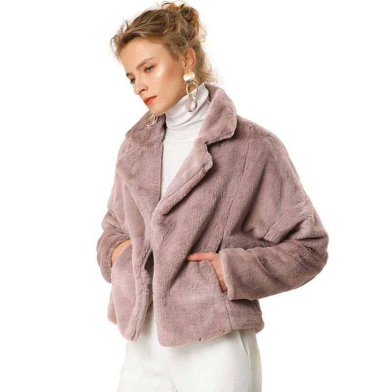 アレグラ ケー レディース アウター 上衣・上衣 厚地の外套 クロップド ALLEGRA K Women\u0027s Cropped Jacket Notch Lapel Faux Fur Fluffy Coat Dusty Pink サクラ色