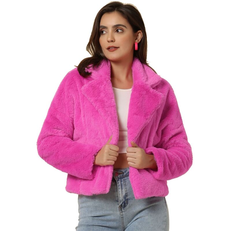 アレグラ ケー レディース アウター 上衣・上衣 厚地の外套 クロップド ALLEGRA K Women\u0027s Cropped Jacket Notch Lapel Faux Fur Fluffy Coat Hot Pink サクラ色