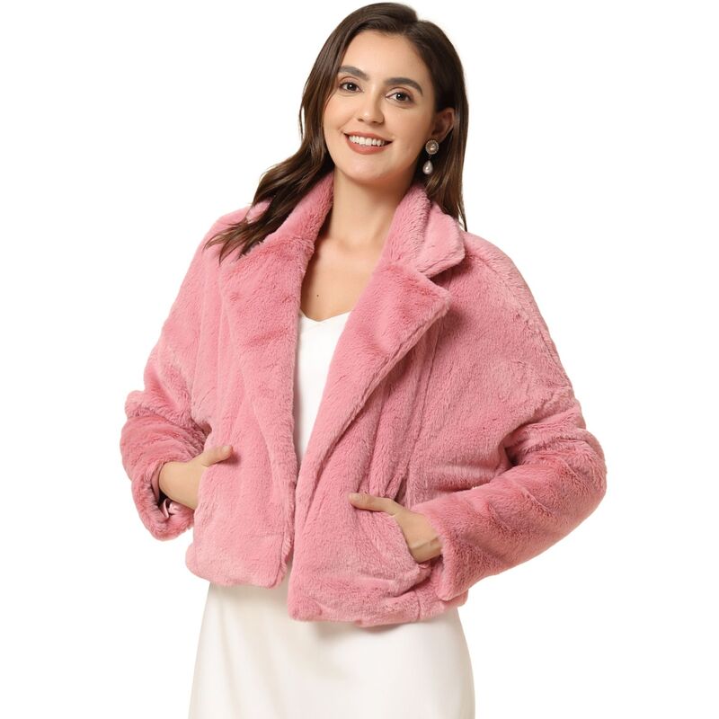 アレグラ ケー レディース アウター 上衣・上衣 厚地の外套 クロップド ALLEGRA K Women\u0027s Cropped Jacket Notch Lapel Faux Fur Fluffy Coat Pink サクラ色