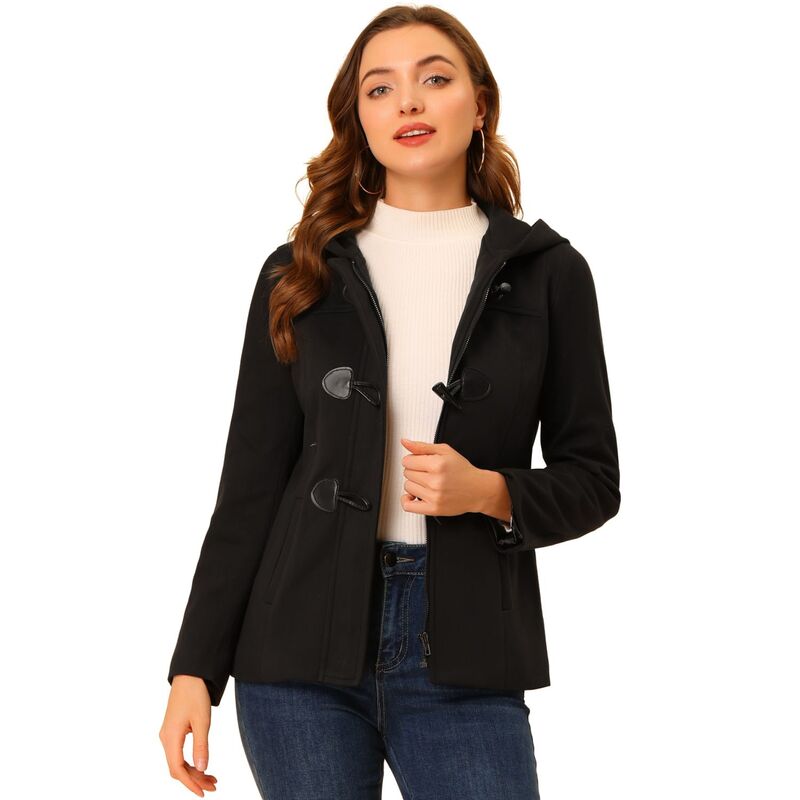アレグラ ケー レディース アウター 上衣・上衣 厚地の外套 クロップド ALLEGRA K Women\u0027s Toggle Duffle Coat Zipper Front Solid Cropped Hooded Coat Black 黒いこと