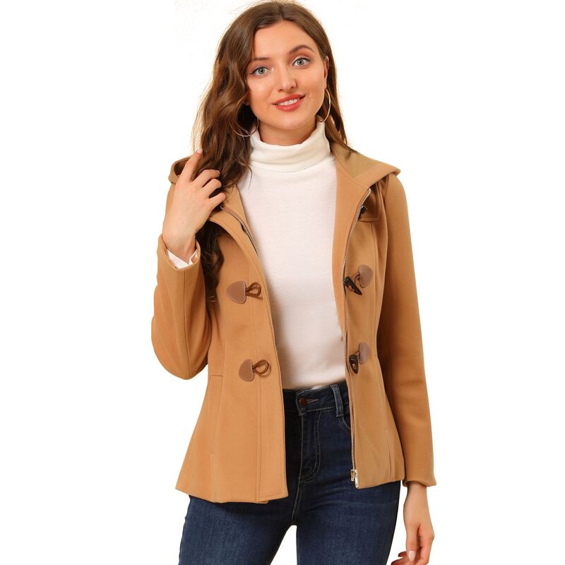 アレグラ ケー レディース アウター 上衣・上衣 厚地の外套 クロップド ALLEGRA K Women\u0027s Toggle Duffle Coat Zipper Front Solid Cropped Hooded Coat Brown 赤銅色