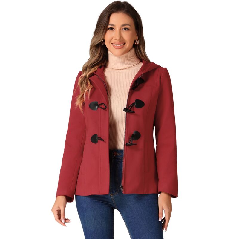 アレグラ ケー レディース アウター 上衣・上衣 厚地の外套 クロップド ALLEGRA K Women\u0027s Toggle Duffle Coat Zipper Front Solid Cropped Hooded Coat Red 赤いこと