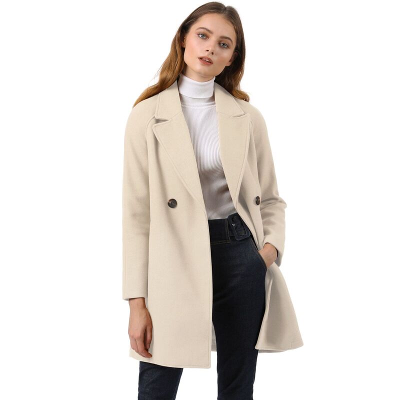 アレグラ ケー レディース アウター ジャケット・ブルゾン コート ALLEGRA K Women Double Breasted Lapel Raglan Long Sleeve Mid Length Overcoat Cream White ホワイト
