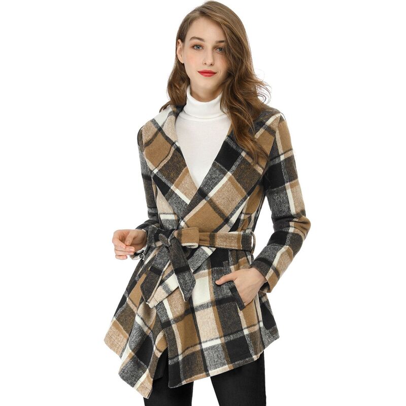 アレグラ ケー レディース アウター ジャケット・ブルゾン アシンメトリー コート ダウン ALLEGRA K Women Turn Down Collar Asymmetric Hem Plaids Thin Wrap Coat Brown ブラウン