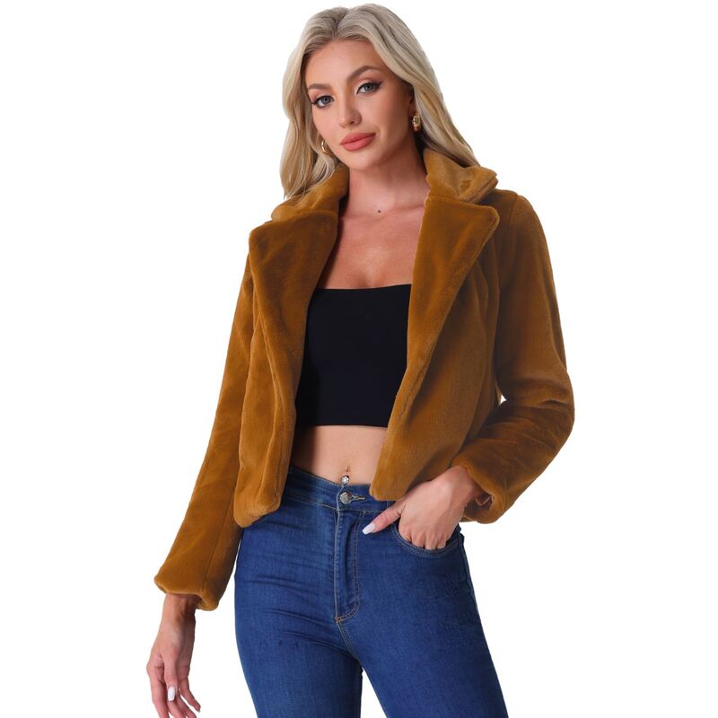 アレグラ ケー レディース アウター ジャケット・ブルゾン コート クロップド ALLEGRA K Women Winter Fashion Loose Faux Fur Cropped Jacket Coat Brown ブラウン